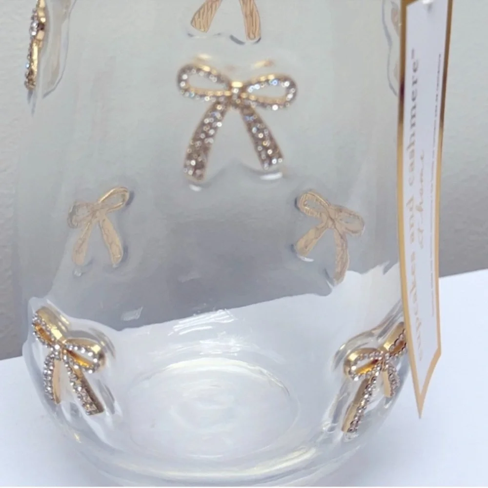 New Cupcakes & Cashmere Rhinestone Gold Bow Ribbon Glass Embedded Bow Vase